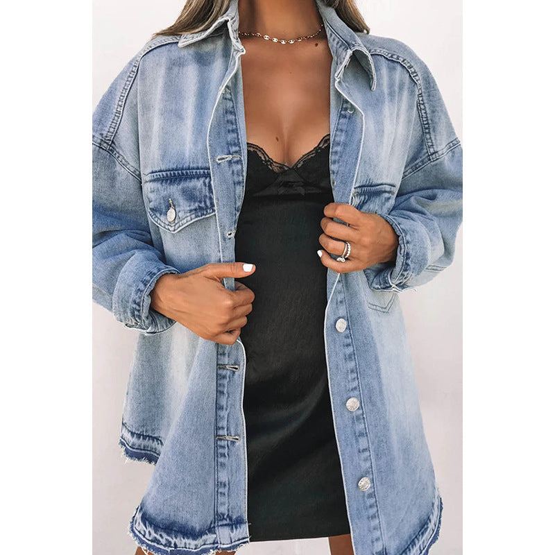 Trend Loose Jeans Coat Women Autumn-Winter New Lapel Retro Outside Long-Sleeved Blouse Women