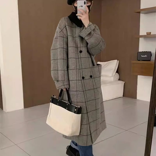 Women's New Mid-Length Vintage Suit Plaid Contrasting Huben-Style Coat