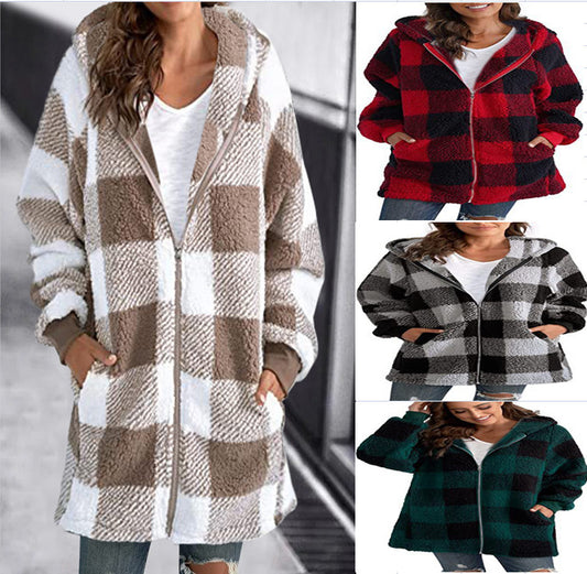 Plush Women's Coat New Long-Sleeved Plaid Hooded Zipper With Pocket Loose Coat