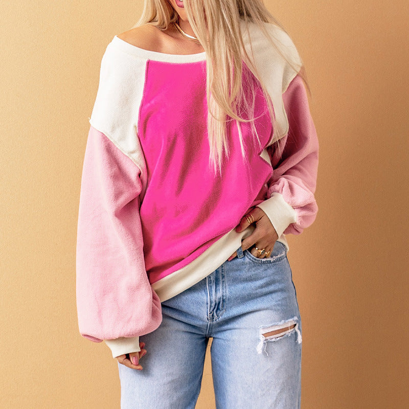 Spring New Rose Color Long-Sleeved Pullover Fleece Sweater Ladies Loose Crew-Neck Fleece Sweater Women