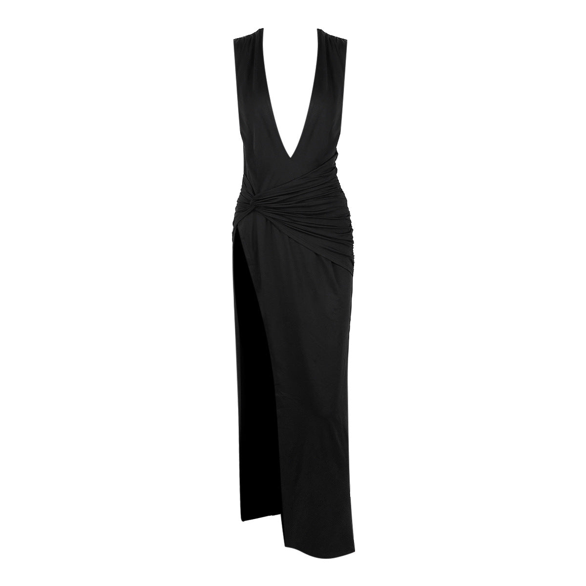 Spice Girls Wear Women's Sexy Deep V Slit Pleated Long Skirt Black Long Dress