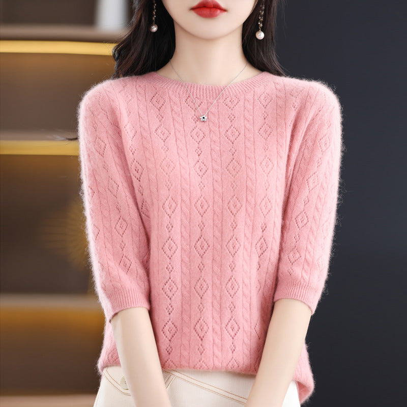 New Spring And Summer Round Neck 100 Knitwear Women Hollow Half Sleeve Bottom Top Knitting