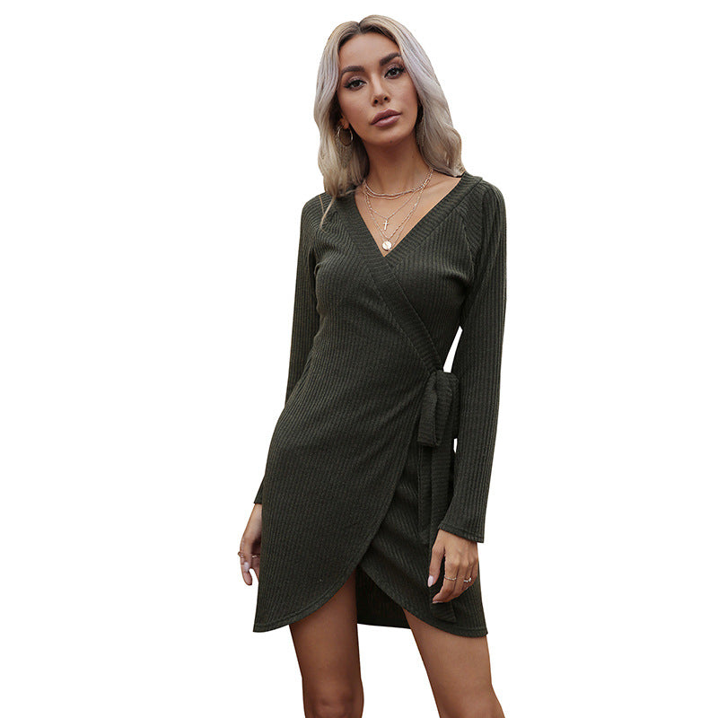 Autumn Casual Women's Solid Color Long Sleeve One-Piece V-Neck Sweater Dress