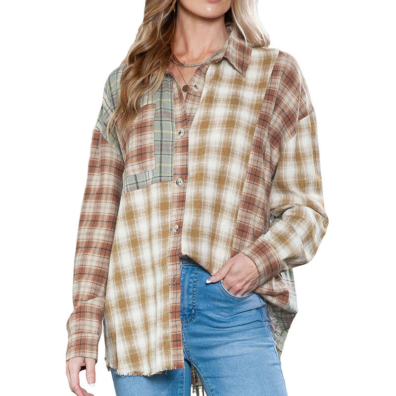 Casual Loose Plaid Printed Shirt Women Fall New Color Contrast Lapel Long-Sleeved Blouse Women