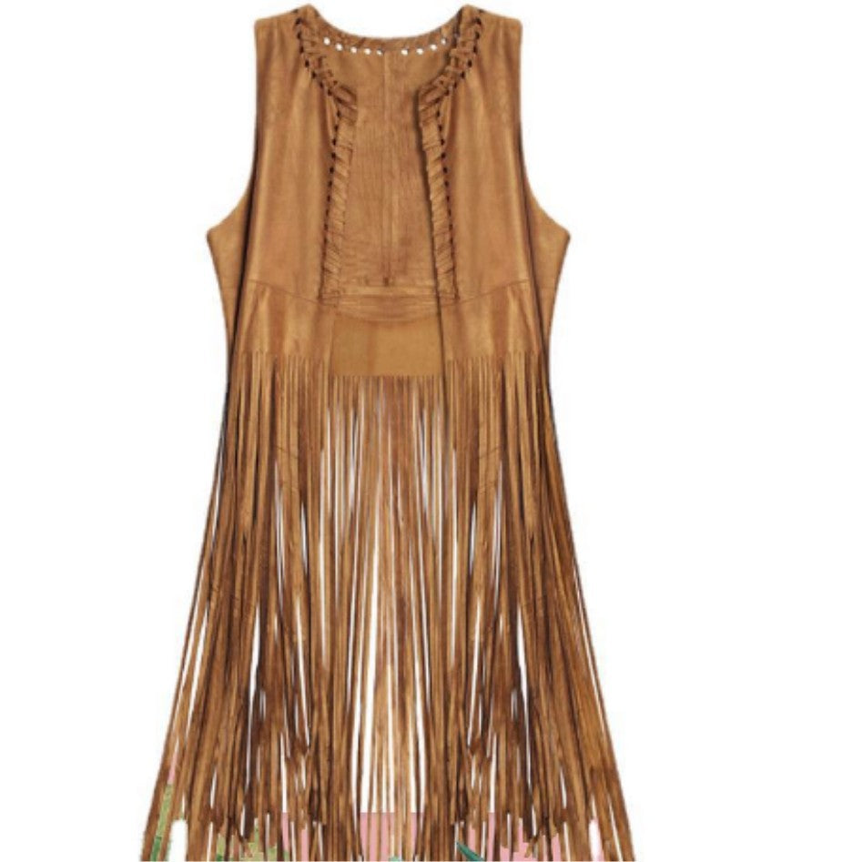 Off-The-Shelf Style Shawl Suede Fringed Waistcoat For Women Sleeveless Mid-Length Clip