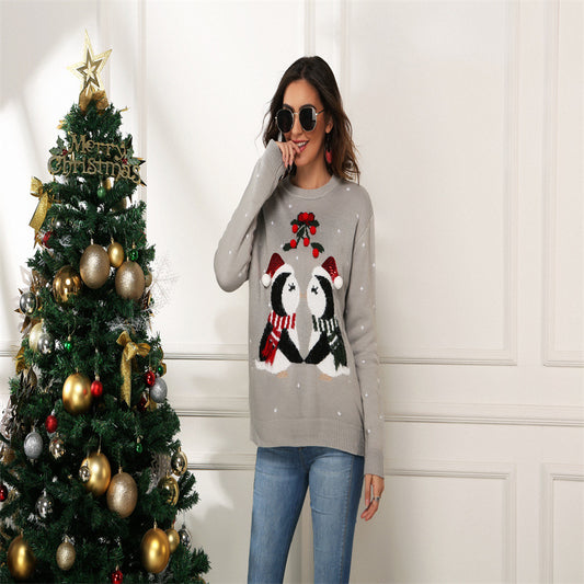 Women's Christmas Sweater Little Penguin Jacquard Loose Style Round Neck Pullover Sweater