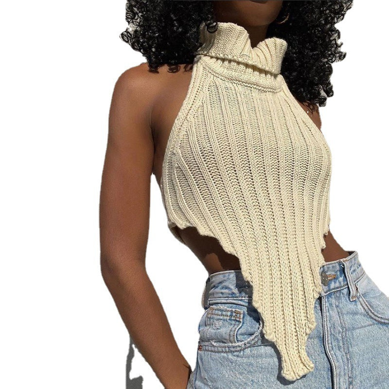 Sexy Backless Turtleneck Irregular Knit Vest Summer Slim-Fit Sweater