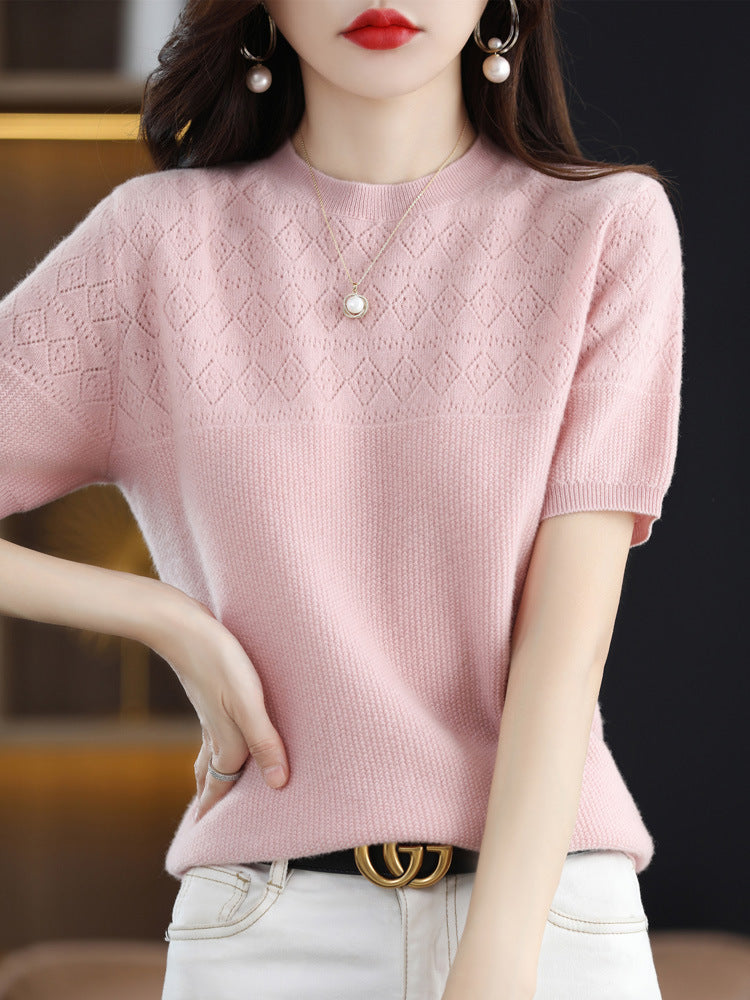 Summer New 100 Knitwear Short Sleeve T-Shirt Women's Round Neck Half Sleeve Thin Hollow Short Top Knitwear