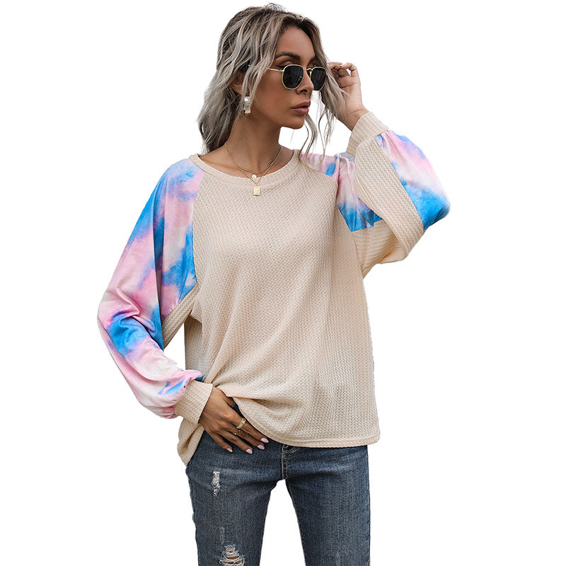 Loose Top Fashion Casual Crew-Neck Splicing Long-Sleeved Tie-Dyed White T-Shirt