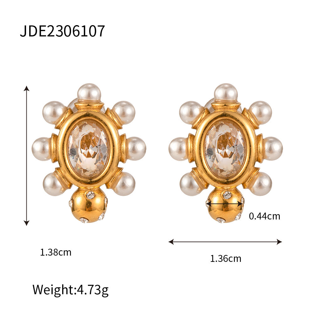 5pcs 18K Gold Stainless Steel Round Inlaid Zircon Pearl Earrings Women's Fashion All-Matching Geometric Earrings