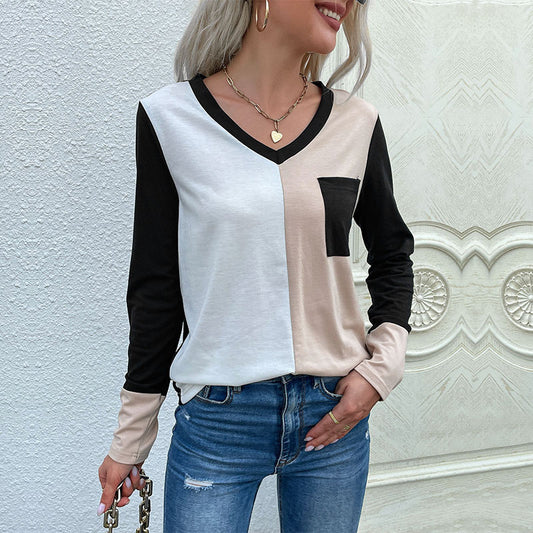 New Women's Loose Top Set Long Sleeve Stitching V-Neck T-Shirt