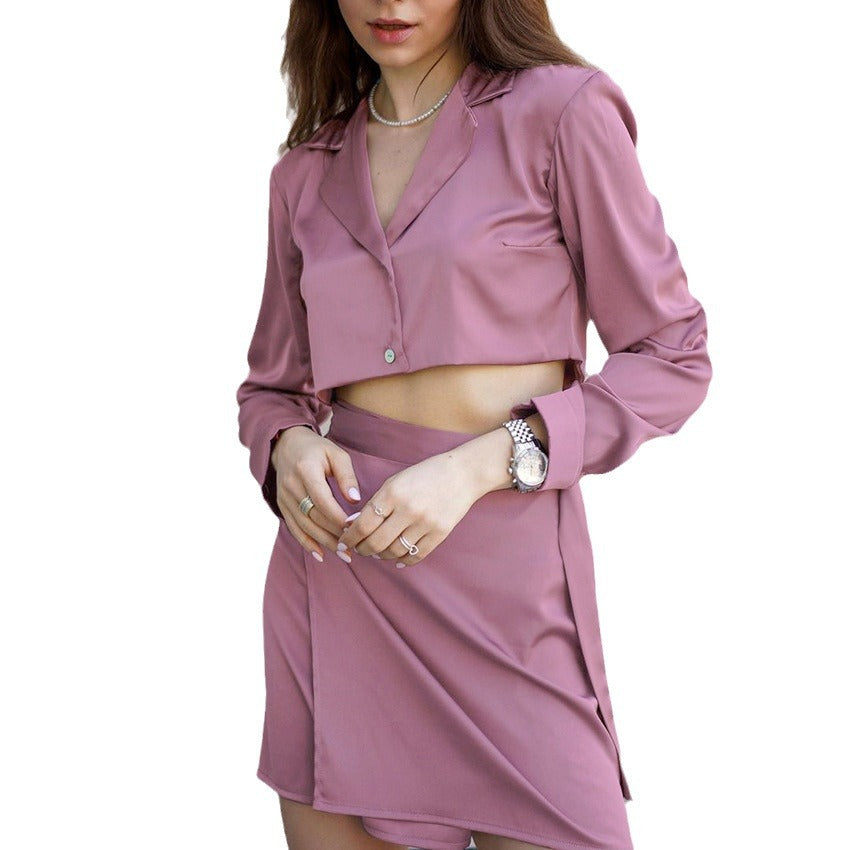 Purple Cropped Cropped Top Slim-Fit Wrap Hip Skirt Set Spring Two-Piece Set