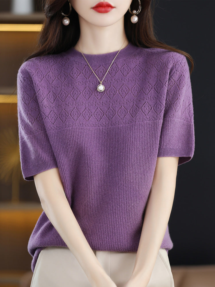 Summer New 100 Knitwear Short Sleeve T-Shirt Women's Round Neck Half Sleeve Thin Hollow Short Top Knitwear