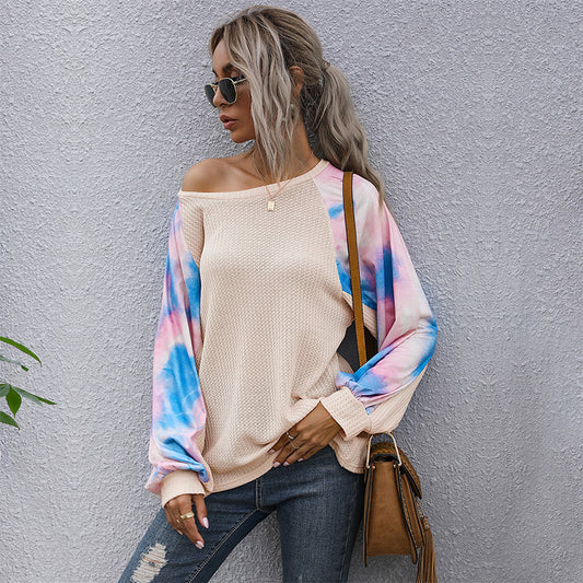 Loose Top Fashion Casual Crew-Neck Splicing Long-Sleeved Tie-Dyed White T-Shirt