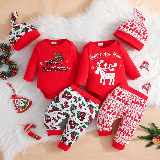 New Christmas Elk Print Top + Christmas Pattern Pants + Christmas Hat Three-Piece Set