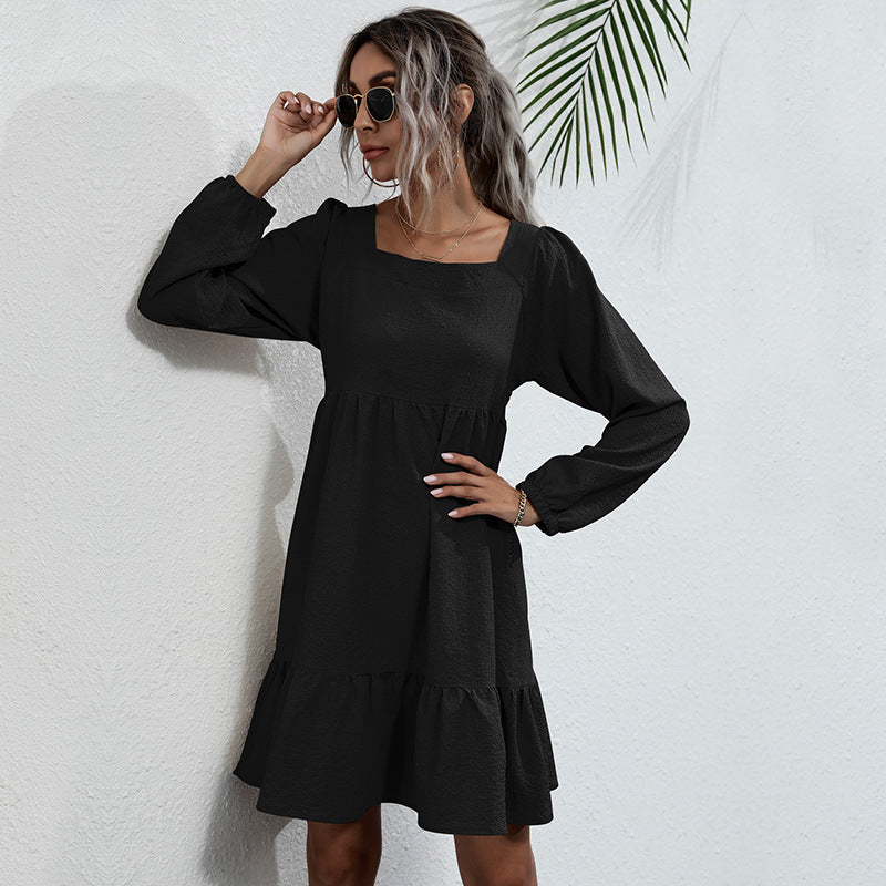 Fashion Women's Backless Ruffled Square Collar Loose Long-Sleeved Dress