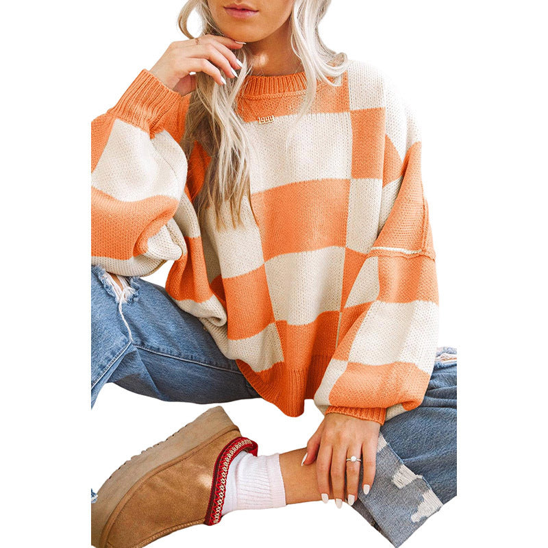 Casual Style Chequered Printed Long-Sleeved Top Women's New Autumn Thermal Turtleneck Sweater