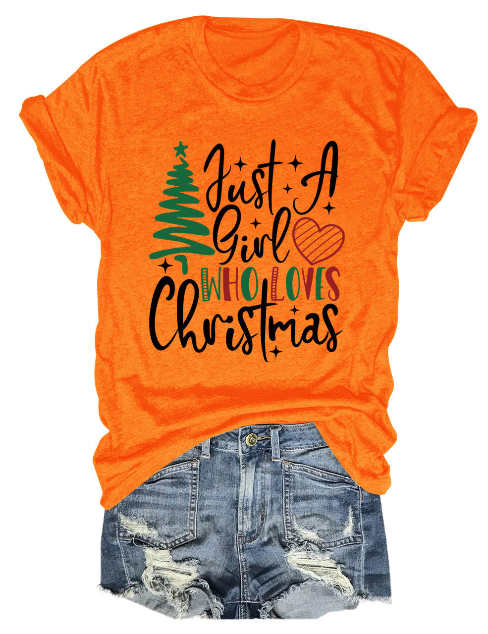 New Just A Girl Fun Christmas Tree Print Round Neck Short Sleeve Female Spot