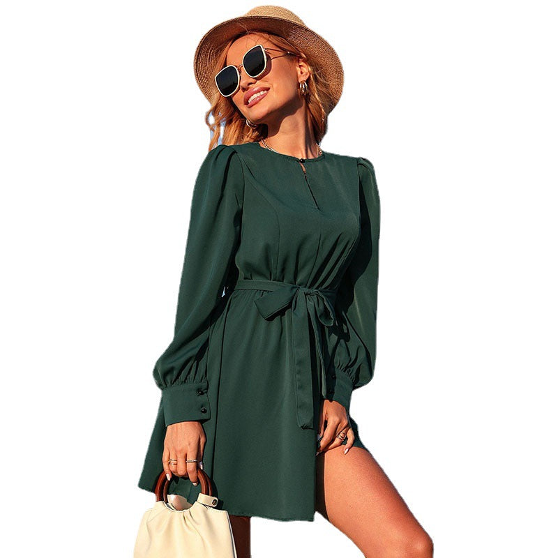 Summer New Solid Color Short Skirt Round Neck Long-Sleeved Green Dress