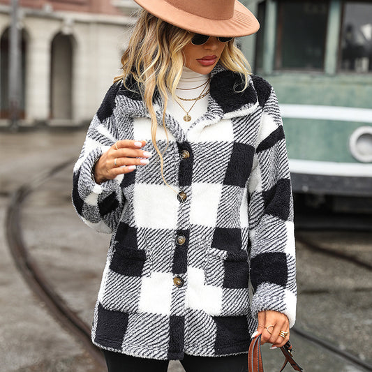 Glitter Fashion Autumn And Winter Women's Wear Lapel Long-Sleeved Mid-Long Plaid Single-Breasted Double-Sided Velvet Casual Coat