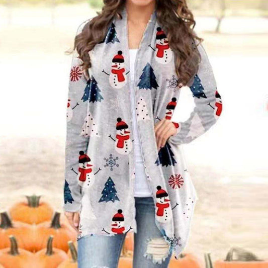 Women's Christmas Printed Long-Sleeved Sweater Cardigan Top Coat