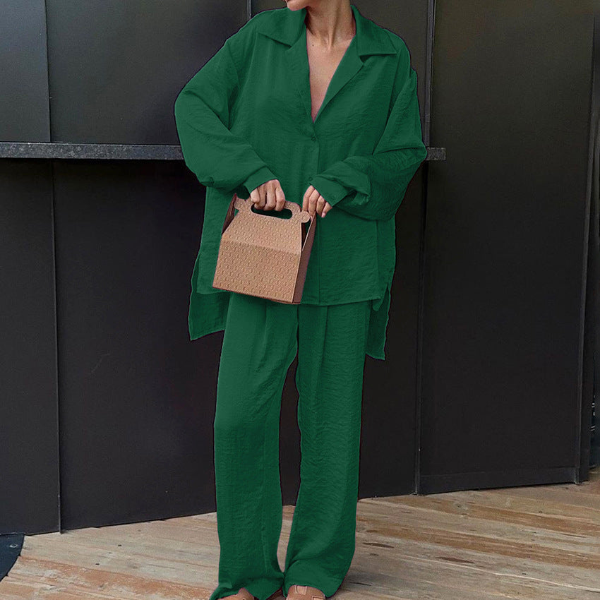 Green Crepe Suit Collar Slit Loose Fashion Suit New Fall Fashion Two-Piece Set