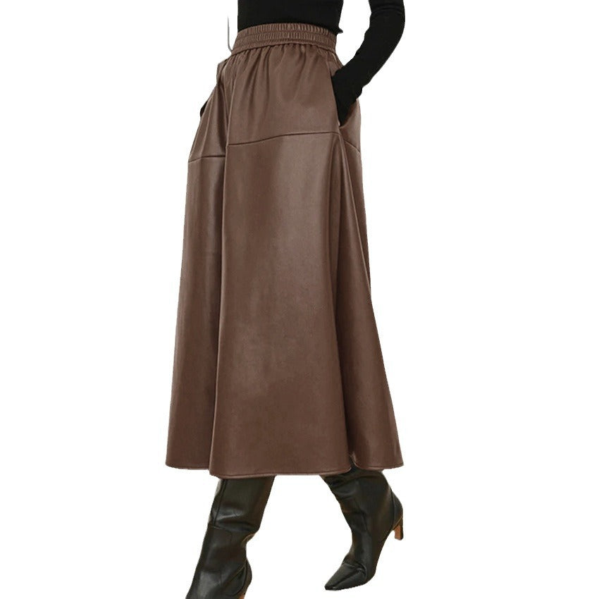 Autumn And Winter Leisure Loose Vintage Leather Skirt High Waist All Commuter Half A-Line Skirt Women