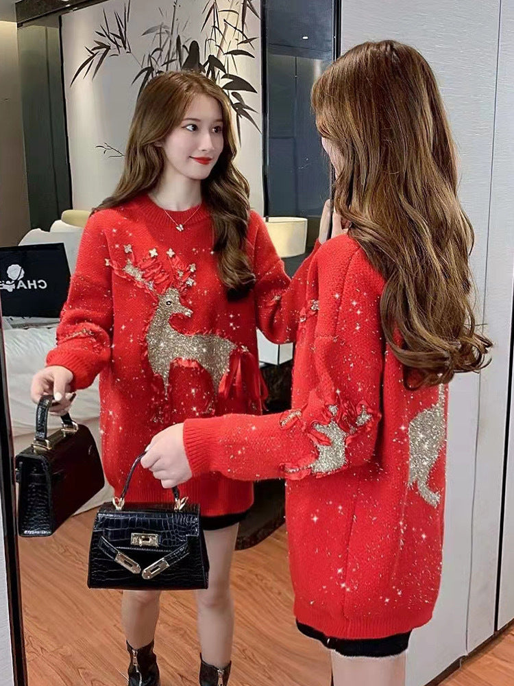 Winter New Christmas Moose Heavy Industry Sweater Women Fashion Loose Atmosphere Feeling Red Thick Sweater Women's Top