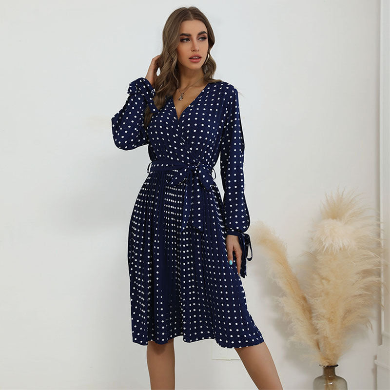 Fashion Women's Hollow Long-Sleeved Blue Polka Dot Dress Autumn And Winter