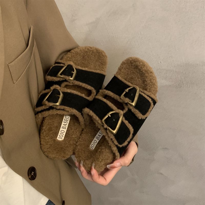 Casual Boken Shoes Women Autumn And Winter New Vintage Thick Sole Woolly Slippers Women Wear A Word Cotton Half Drag