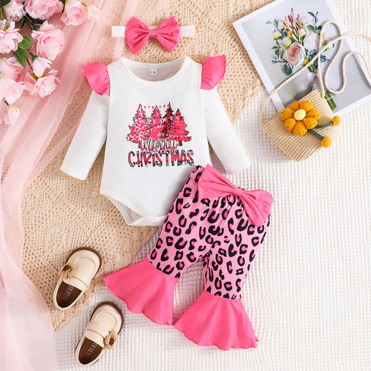 Christmas New Fashion Children's Headscarf + Lace Printed Top + Leopard Lace Pants Three-Piece Set