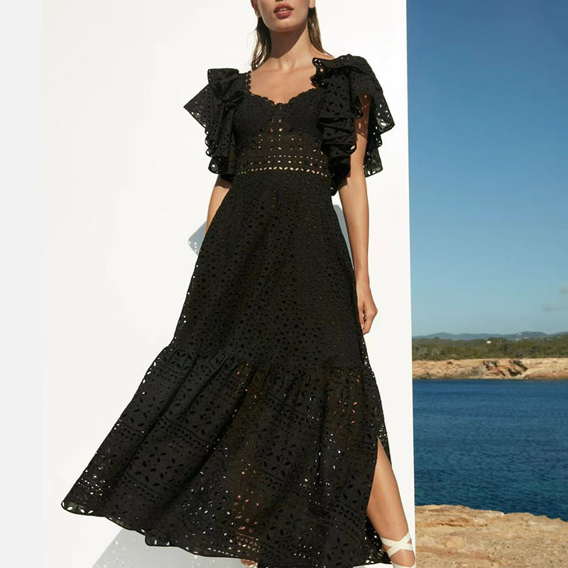 Solid Color Big Skirt Spring Crocheted Lace Square Collar Flying Sleeve Long Slit Dress