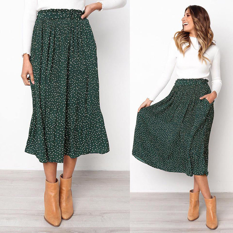 Stylish Polka Dot Sweet Pocket Pleated Skirt Long Skirt