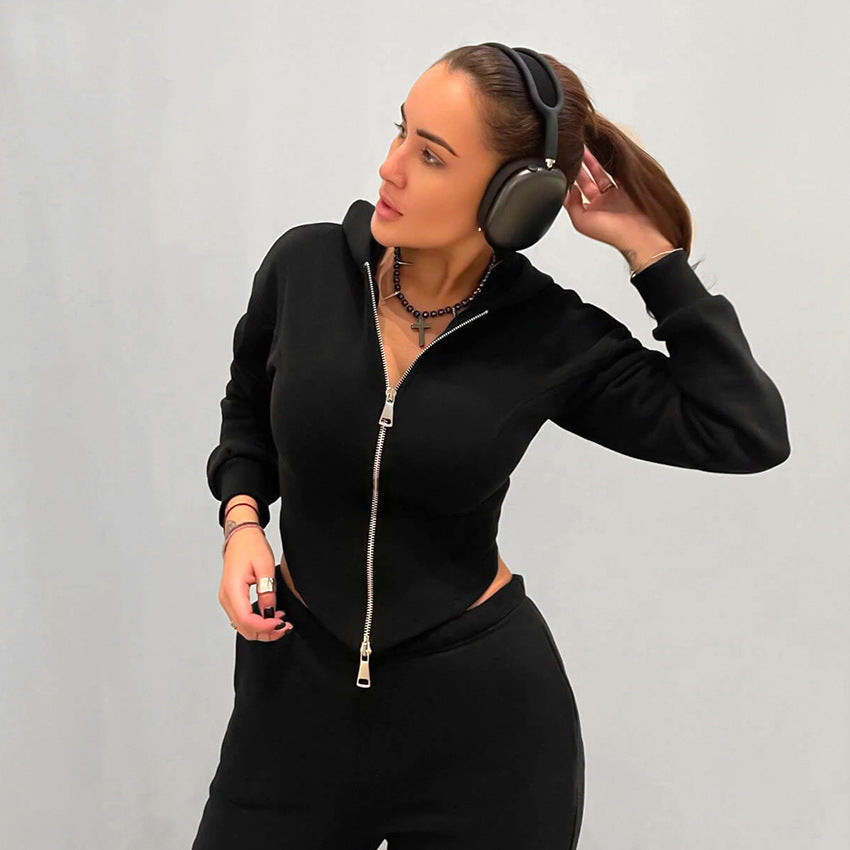 Casual Sports Suit All-In-One Knitted Hooded Long-Sleeved Hoodie Mid-Waist Elastic Trousers Two-Piece Women's Suit