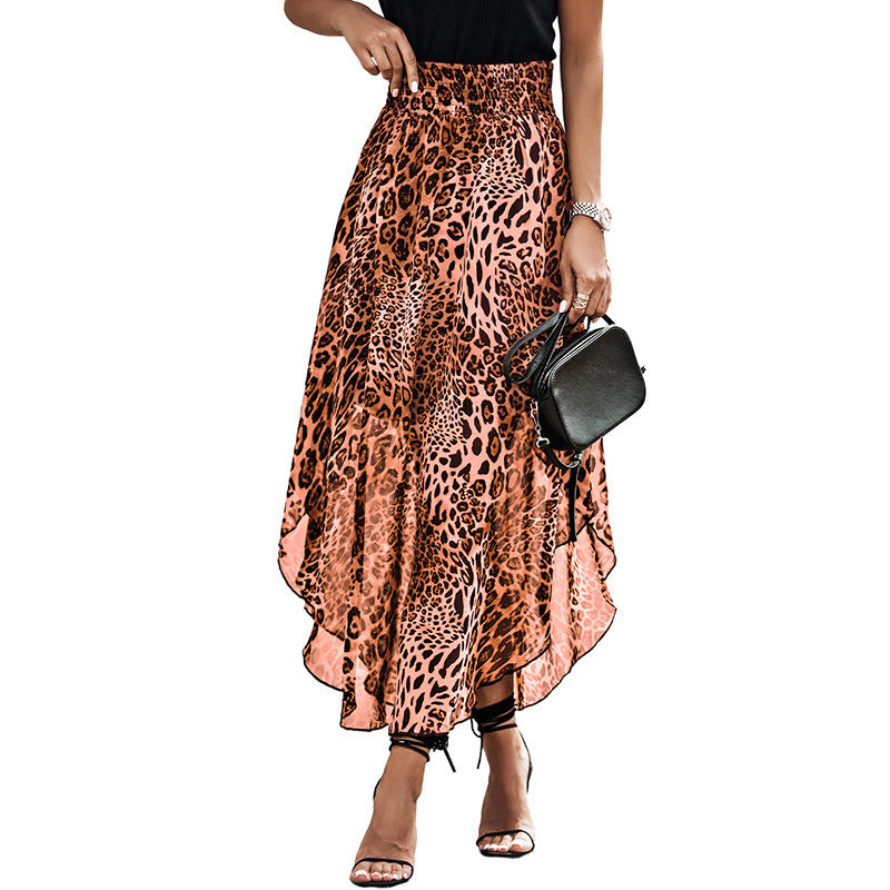 Summer Long Skirt Women Draw Pleated Waist Leopard-Print Skirt Women Hot Sell Side Slit High-Waisted Chiffon Long Skirt