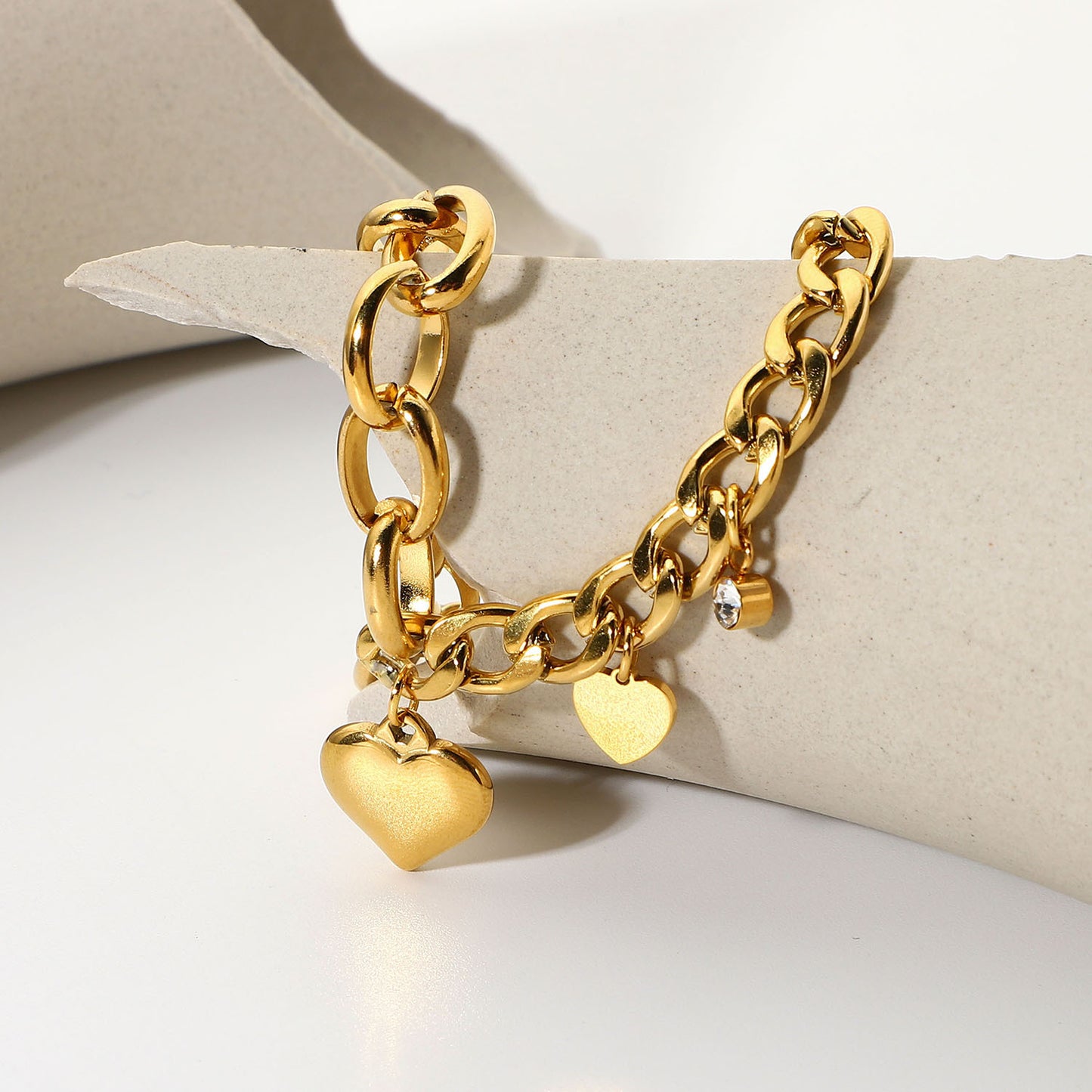 5pcs Cuban Chain Oval Chain Double Love Small Round Zirconium Pendant Ot Buckle Bracelet 18K Gold Plated Stainless Steel Bracelet