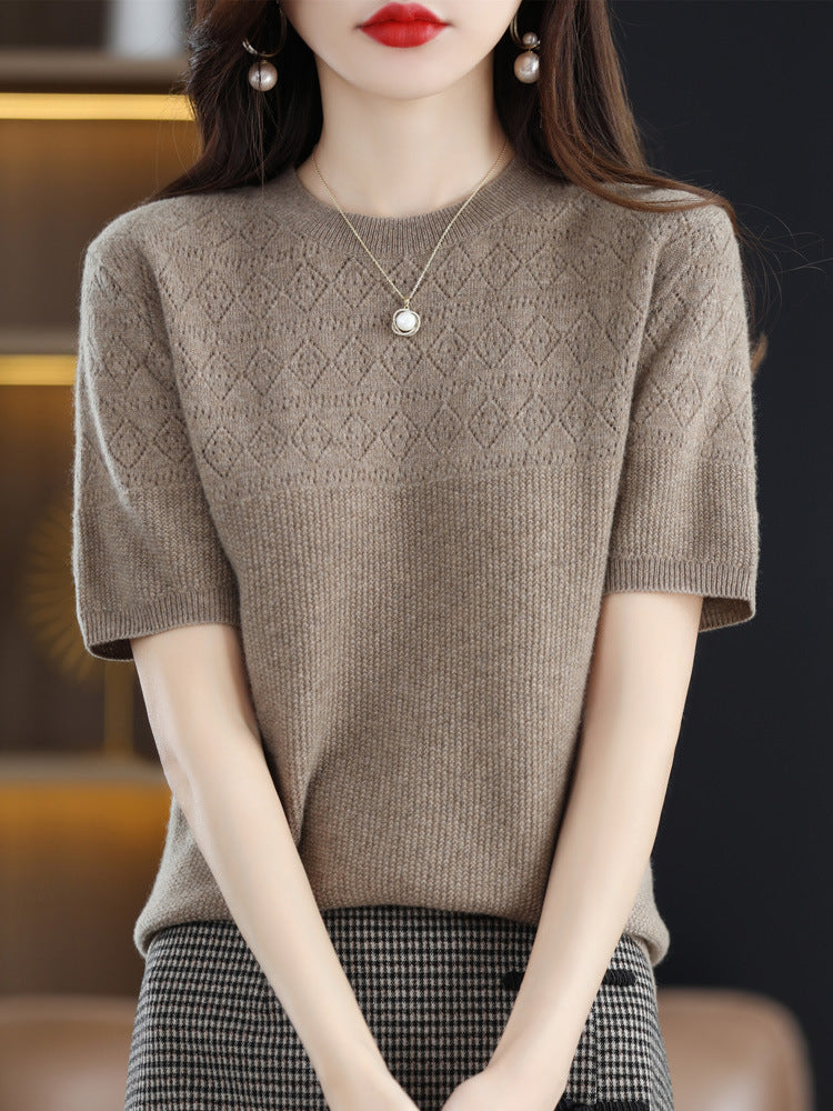 Summer New 100 Knitwear Short Sleeve T-Shirt Women's Round Neck Half Sleeve Thin Hollow Short Top Knitwear