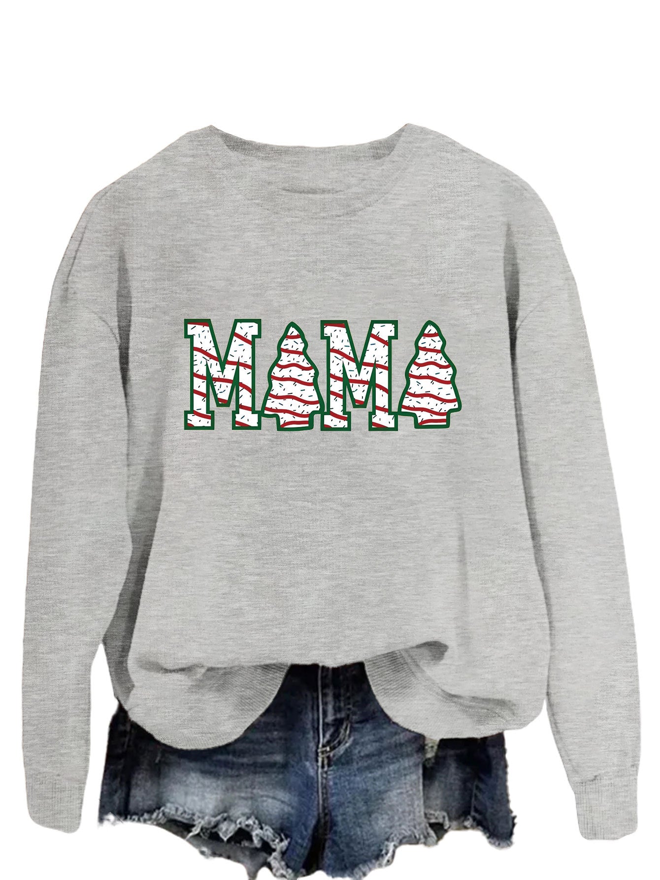 Fashion Crew-Neck Hoodie Mama Letter Christmas Tree Long Sleeve Blouse