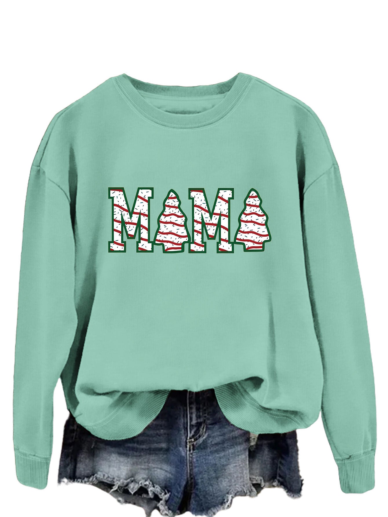 Fashion Crew-Neck Hoodie Mama Letter Christmas Tree Long Sleeve Blouse