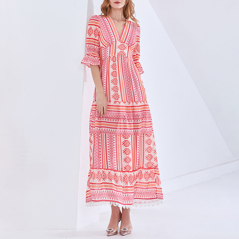 Long Vintage Skirt Striped Bohemia New High-Waisted Short-Sleeved Temperament Printed Dress Woman