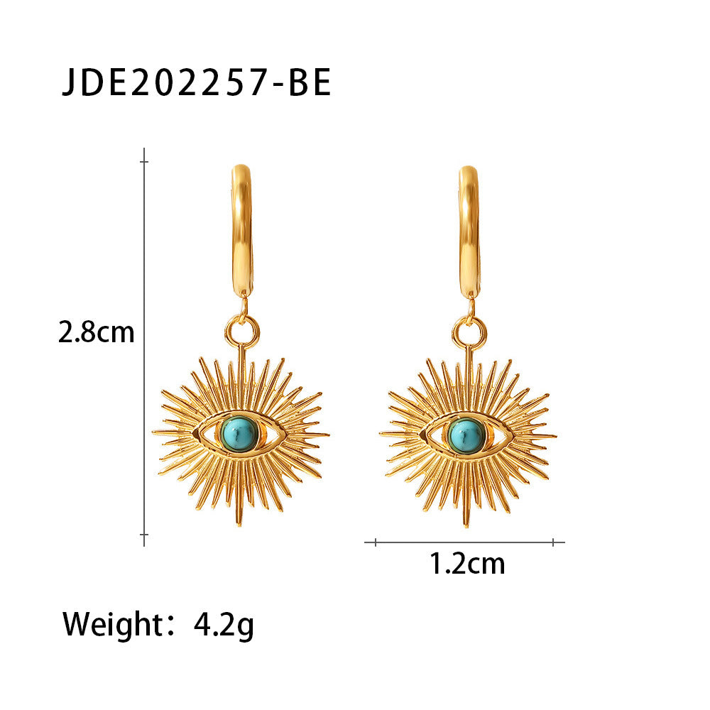 5pcs Titanium Steel Earrings Stainless Steel Plated 18K Gold Turquoise Peacock Turquoise Hollow Devil's Eye Earrings