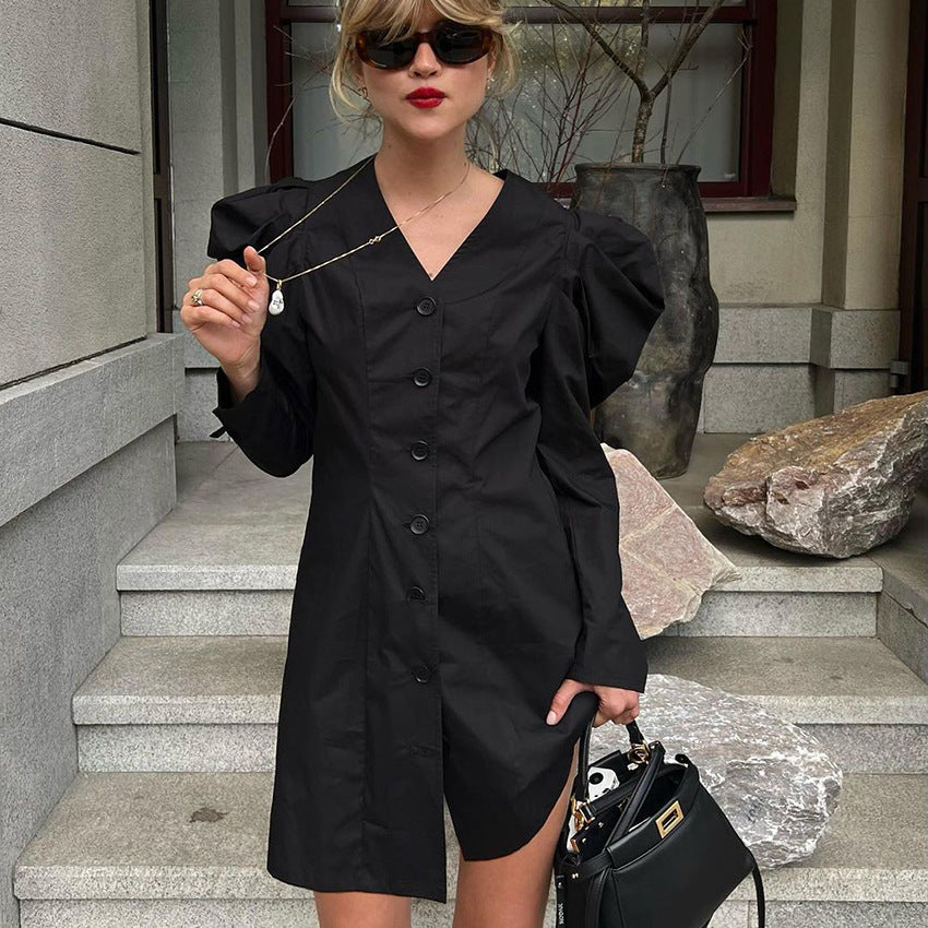 Black V-Neck Puffy Sleeve Commuter Dress New Autumn Fashion Short Skirt Women