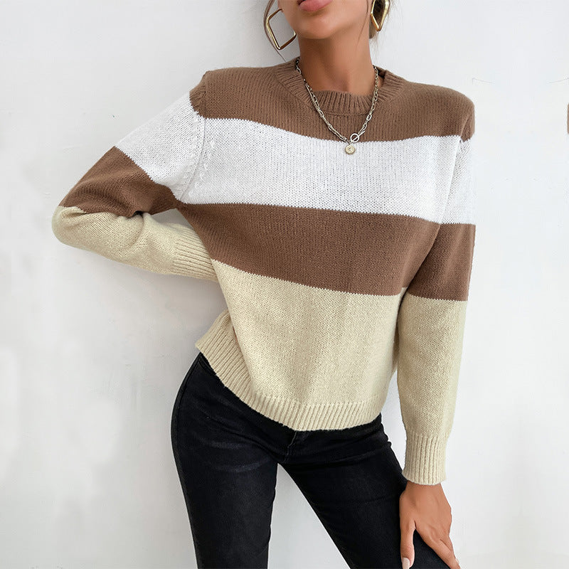 Women's Casual Color Match Long-Sleeved Crewneck Sweater