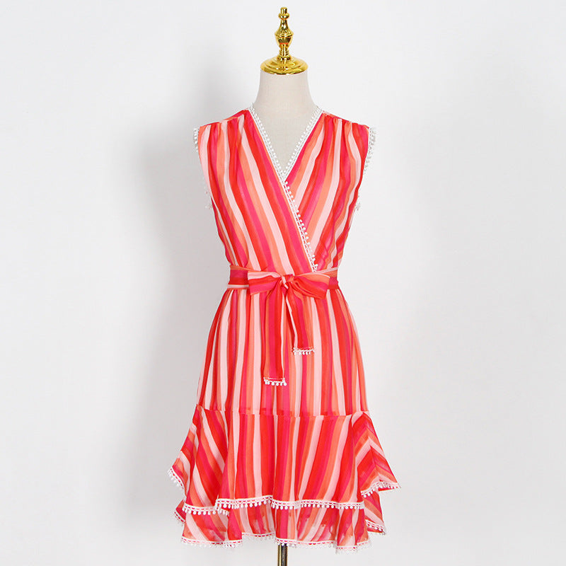 Stripes Contrast Color A-Line Skirt Spring New Fashion V-Neck Sleeveless Chiffon Ruffled Dress Women