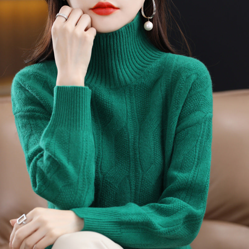 Autumn/Winter New 100 Woolen Sweater Women's Turtleneck 7 Needle-Hemp Jacquard Woolen Base Loose All-Match Sweater Top