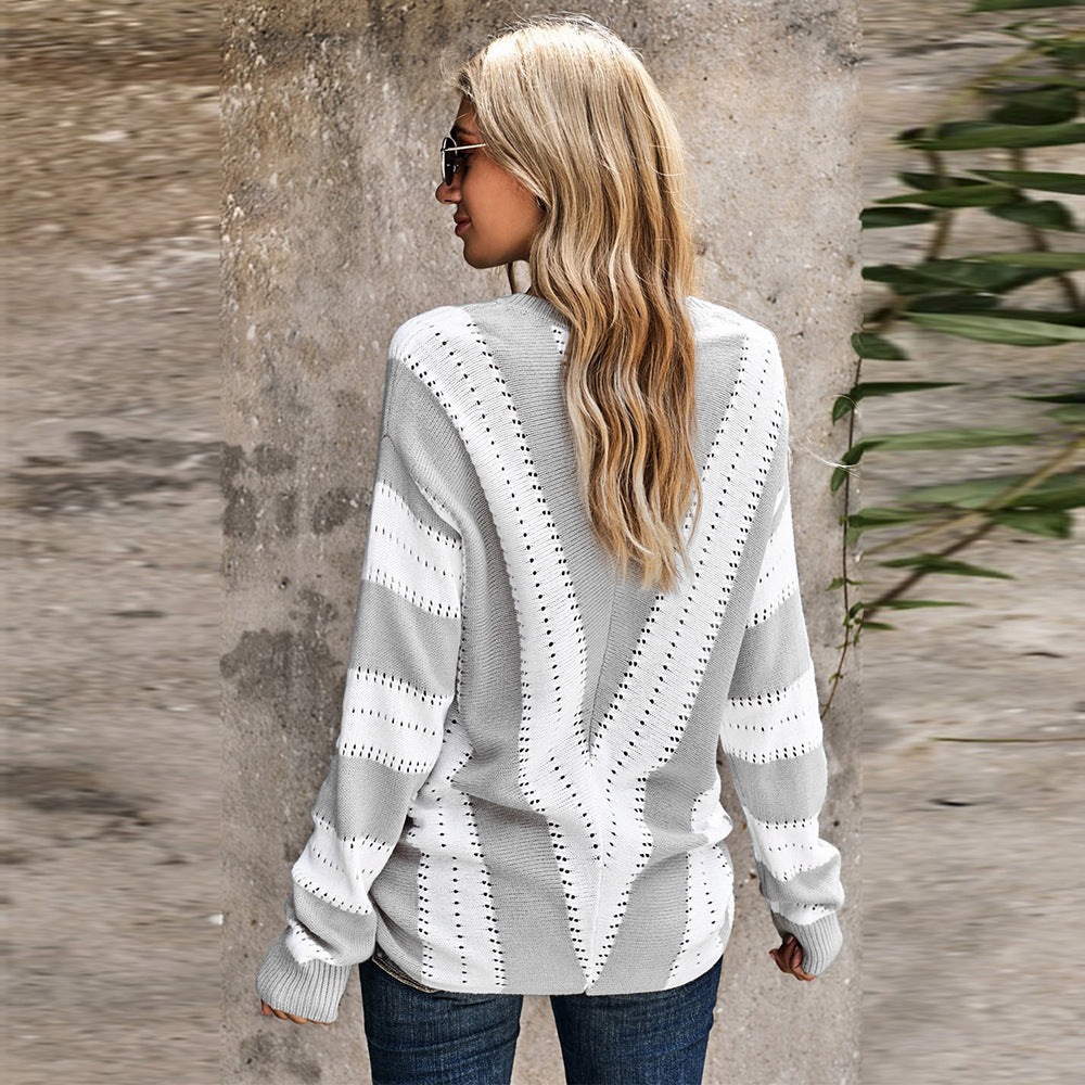 Casual V-Neck Loose Sweater Woman Autumn And Winter New Fashion Striped Color Pullover Sweater Woman