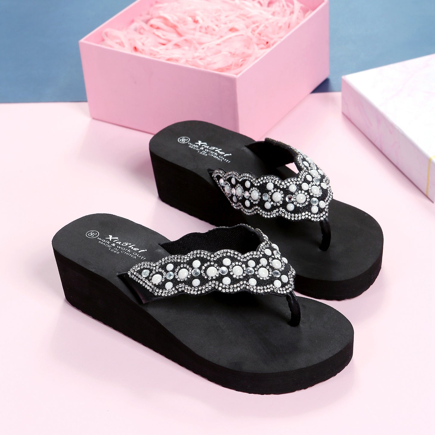 Women's Slippers Summer Breathable Pearl Flip-Flops Wear Stylish Eva Wedges With Clip-On Beach Vacation Flip-Flops