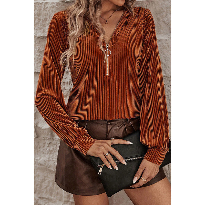 Autumn New Solid Color Velvet Long Sleeve Top Women Fashion Zipper Splicing V-Neck Pullover Women