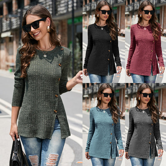 Autumn And Winter Knitwear Women's Niche Sweater Round Neck Large Size Button Women's Blouse Women's Wear