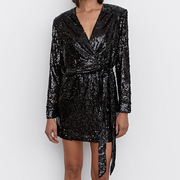 Sexy Sequin V-Neck Shrugging Dress New Spring Fashion Commuter Woman